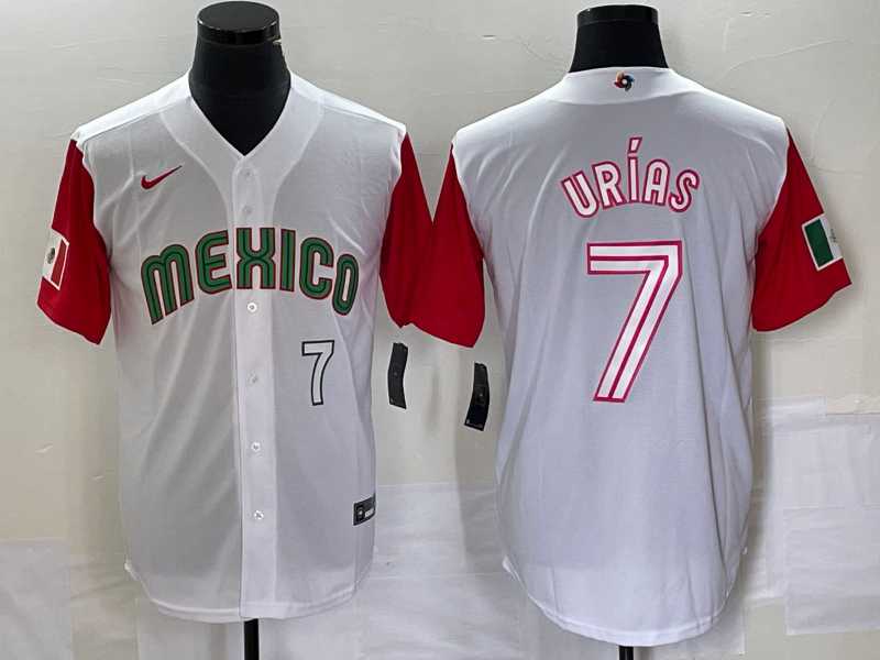 Men%27s Mexico Baseball #7 Julio Urias Number 2023 White Red World Classic Stitched Jersey 41